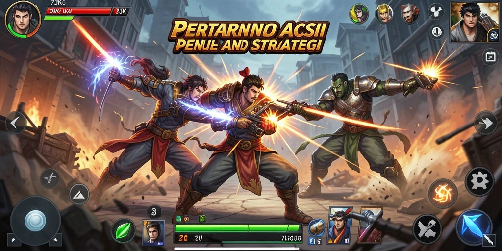 Screenshot gameplay 73K menampilkan pertarungan yang intens.