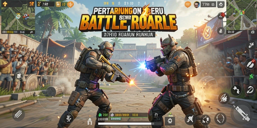 Screenshot gameplay 77RP menampilkan aksi pertarungan Battle Royale yang intens.