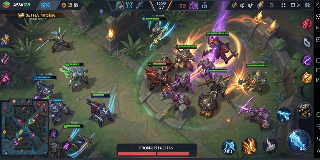 Gambar layar permainan ASIA128 dengan aksi MOBA yang menegangkan.