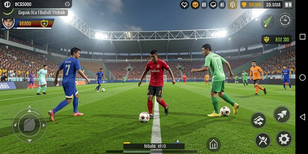 Screenshot utama BOS5000 menampilkan aksi pertandingan sepak bola yang mendebarkan.