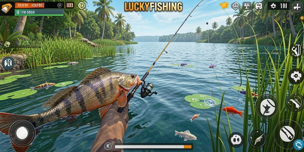 Gameplay mendebarkan LUCKYFISHING dengan aksi memancing menarik.