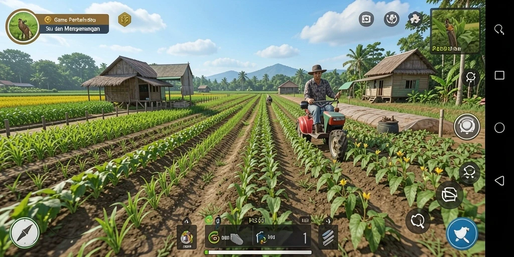 Tampilan gameplay PG11 dengan pertanian yang indah dan beragam aktivitas bercocok tanam.