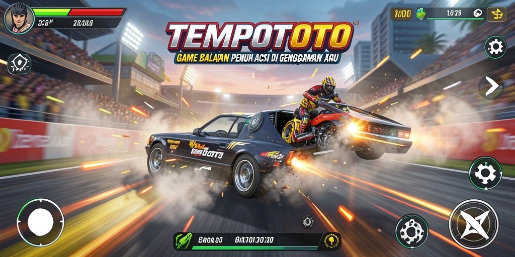 Screenshot TEMPOTOTO menampilkan balapan mendebarkan di lintasan modern.